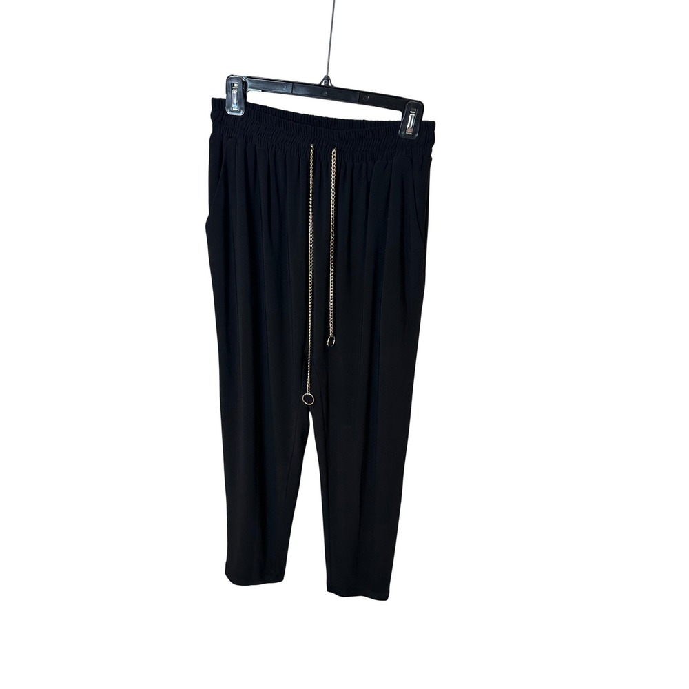 Ramy Brook Aimee Chain Trim Pants Black Smocked Waist Joggers NWT Medium‎